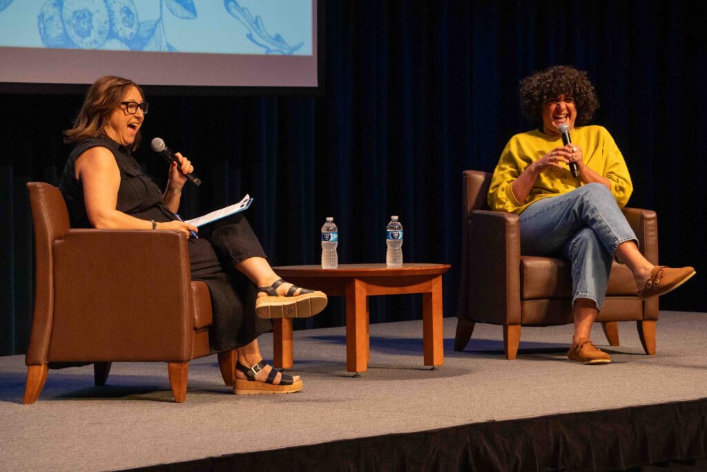 Chef Samin Nosrat talks about her book, Good Things, with Lisa Sands in front of a an audience at the Parma-Snow Auditorium.